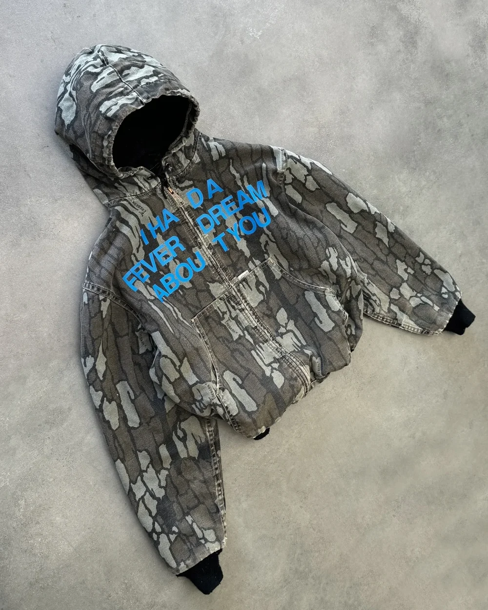 Heavyweight Acid Wash Duck Canvas Work Jacket With Hooded Zipper up Printed Distressed Crop Top Bomber Jacket Men