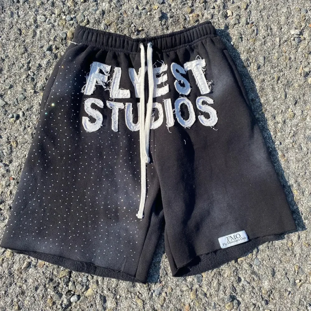 Cotton Running Sports Wear Summer Men's Shorts Rhinestone High Street Acid Wash Short Pants Drawstring Embroidery Sweat Shorts - Image 3