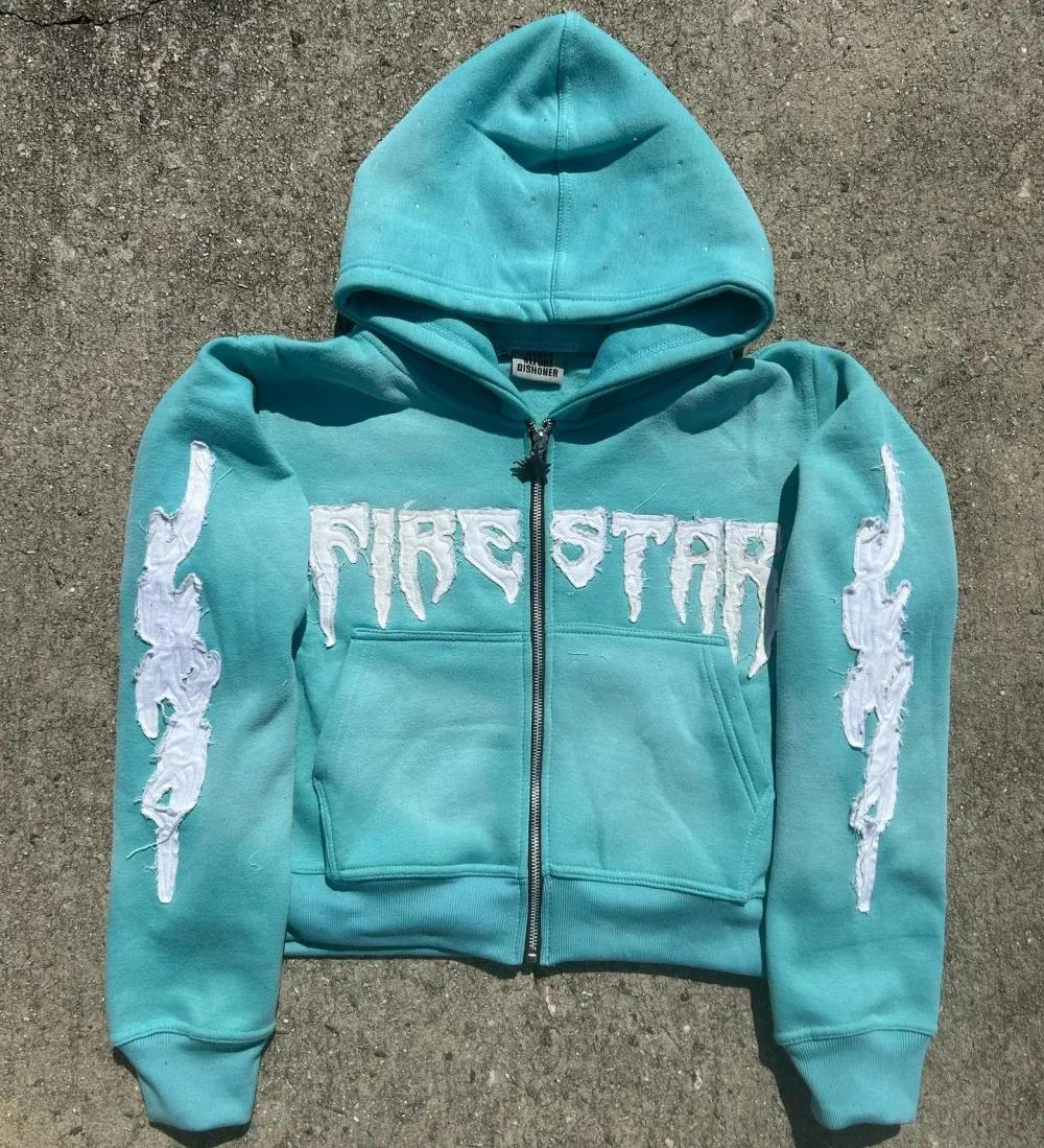 Embroidery 100% Cotton Full Zip up French Terry High Quality Acid Washed Woven Tag Rhinestone Men Hoodies - Image 5