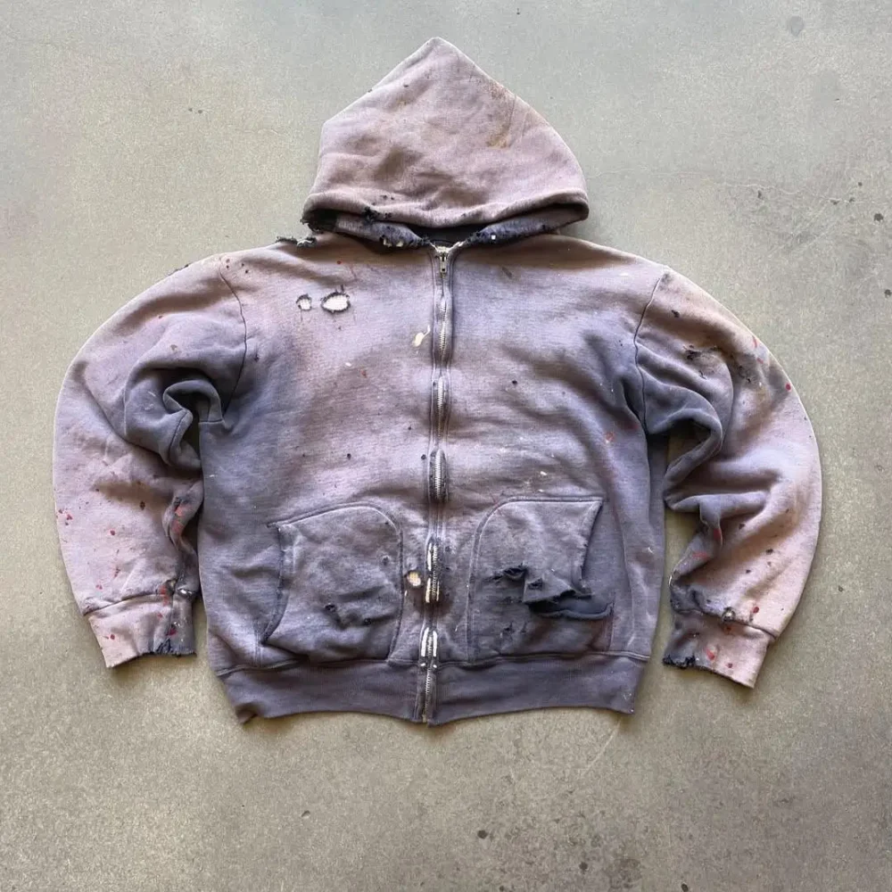 100% cotton regular fit  Streetwear  Half Zip Heavyweight of 400 Grams Acid Washed with Hole Vintage Men's Hoodie