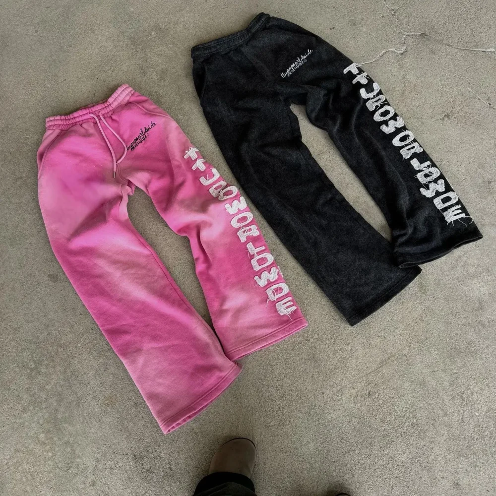 100% Cotton Training French Terry Embroidery Patch Heavyweight Elastic Waist Acid Wash Sun Faded Track Pants Sweat Pants - Image 3
