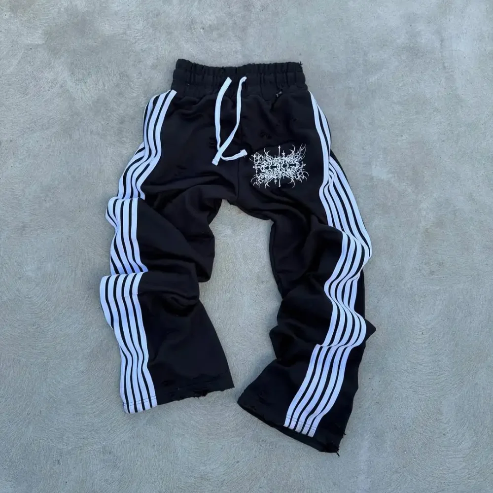100% Cotton Men's Pants Heavyweight of 400 Grams in Street Style Elastic Waistband Stripe with Screen Print and hole