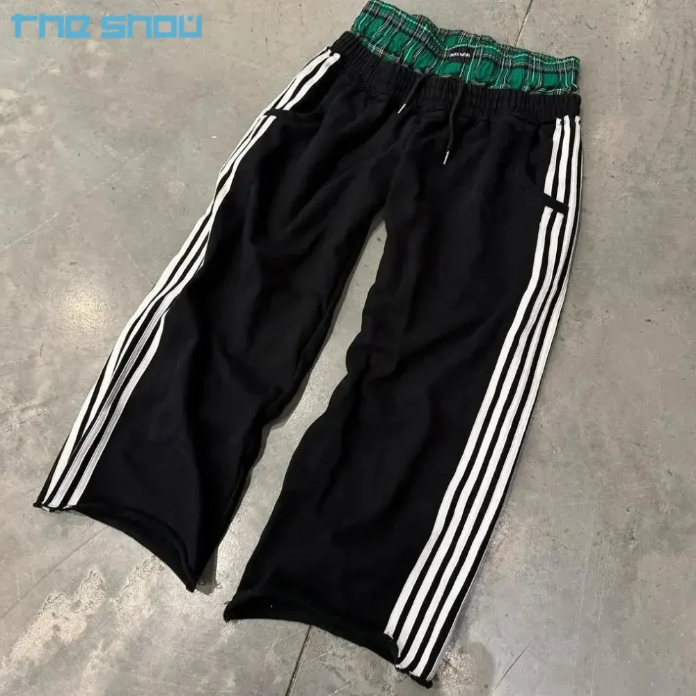 Double Waisted Loose Oversized Flared Pants Side Stripe Stacked Plaid Elastic Waist Closure High Waist Sweatpants - Image 2