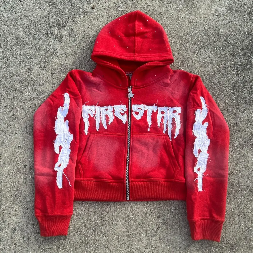 Embroidery 100% Cotton Full Zip up French Terry High Quality Acid Washed Woven Tag Rhinestone Men Hoodies - Image 4