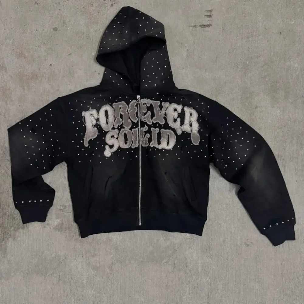 100% cotton Acid Wash Men's Hoodie  Half Zipper Heavyweight  with Applique Embroidered Screen Print  hole and Rhinestone - Image 4