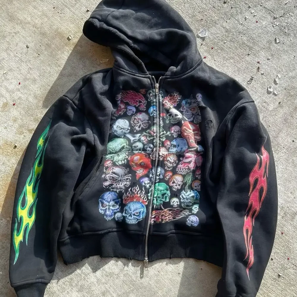 100% cotton regular fit  Streetwear  Half Zip Heavyweight DTG Print with  Flame and skull Men's Hoodie - Image 3