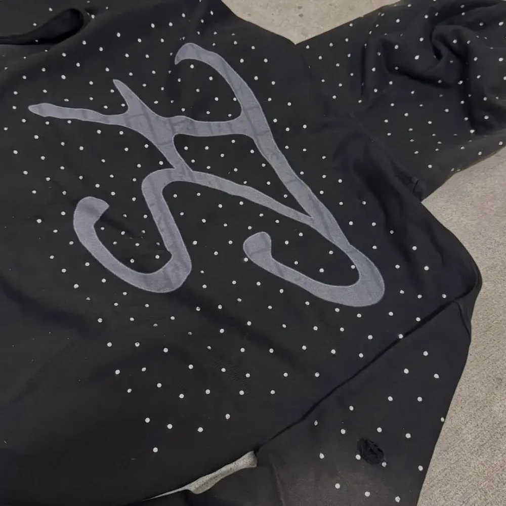 100% cotton Acid Wash Men's Hoodie  Half Zipper Heavyweight  with Applique Embroidered Screen Print  hole and Rhinestone