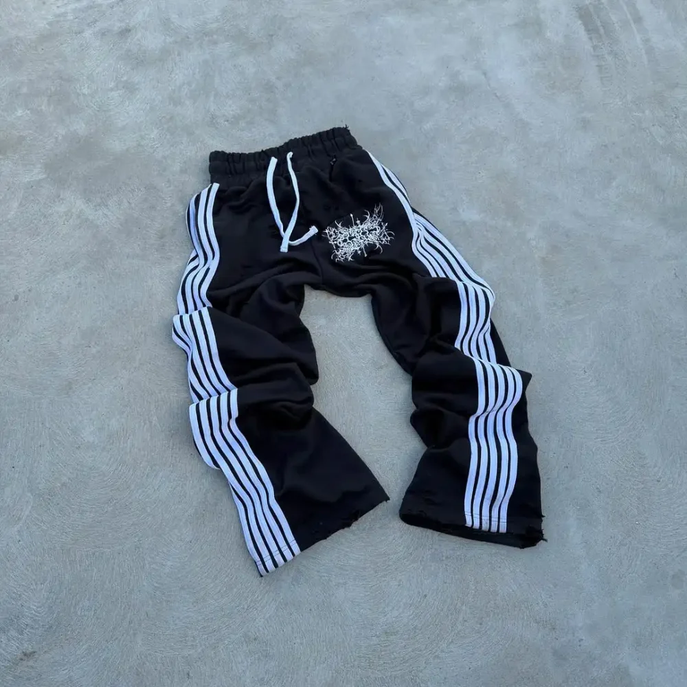 100% Cotton Men's Pants Heavyweight of 400 Grams in Street Style Elastic Waistband Stripe with Screen Print and hole - Image 3