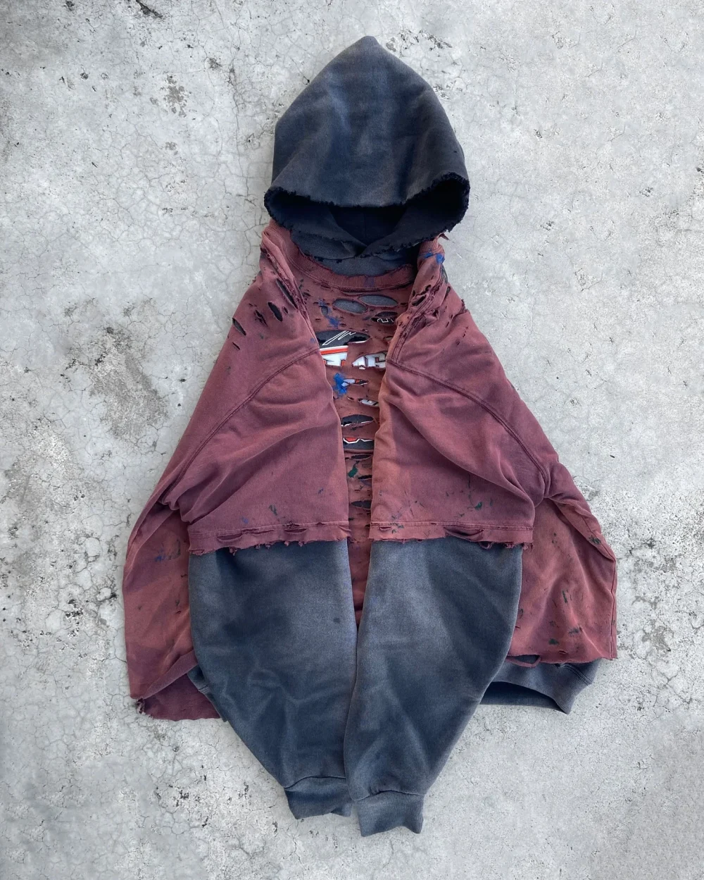 Double Layered  Distressed Ripped Sun Faded Hoodie 100% Cotton Heavyweight Acid Wash Vintage French Terry Hoodie - Image 3