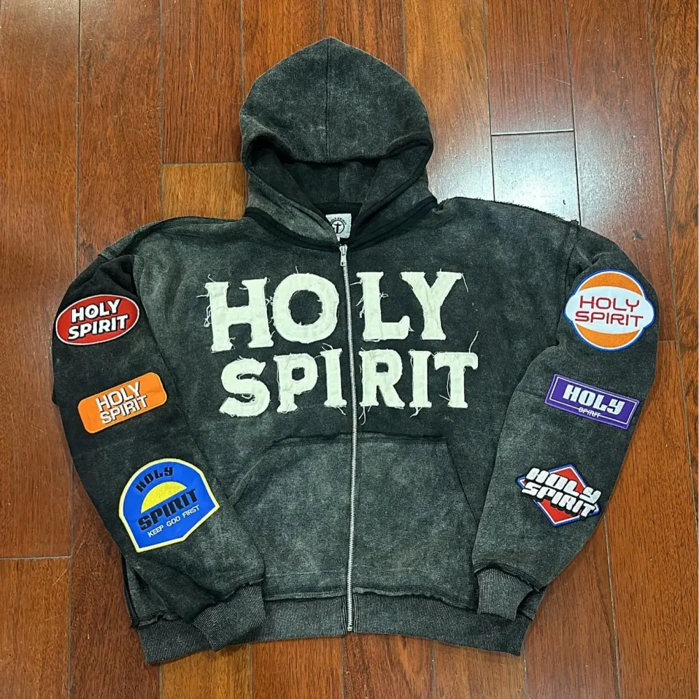 30MOQ Embroidery 100% Cotton Full Zip up French Terry High Quality Acid Washed Woven Tag Men Hoodies Unisex - Image 2